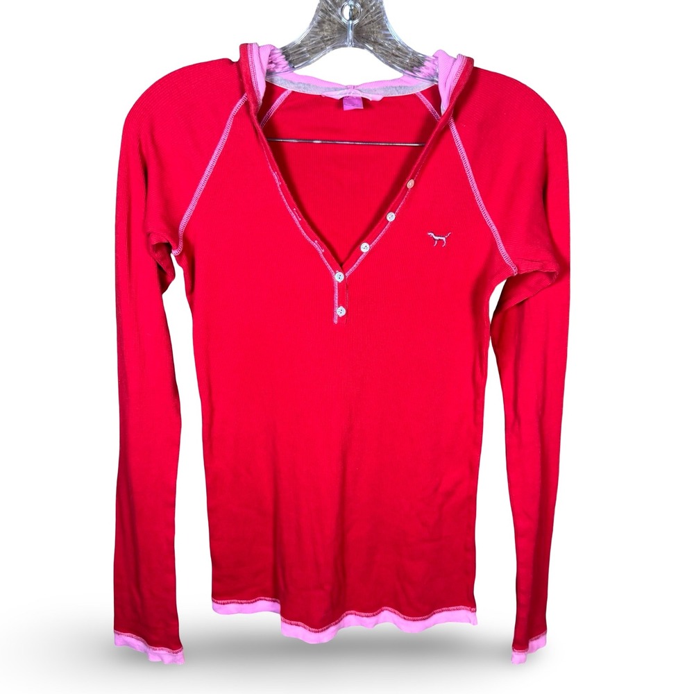 Vintage PINK Victoria Secret Womens Henley Hoodie Medium Red Long Sleeve Y2K